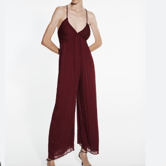 Zara Burgundy wine deep v flowy jumpsuit size XL - Picture 1 of 5